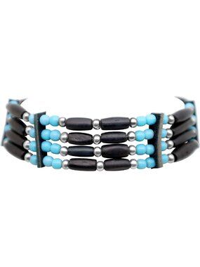 Unisex Adjustable Bone Choker Necklace - 4 Row Black Buffalo Hairpipe & Blue